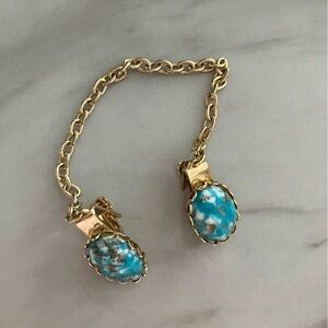 Vintage 1950s Turquoise-Look Sweater Clips Gold-Tone Cardigan Guard